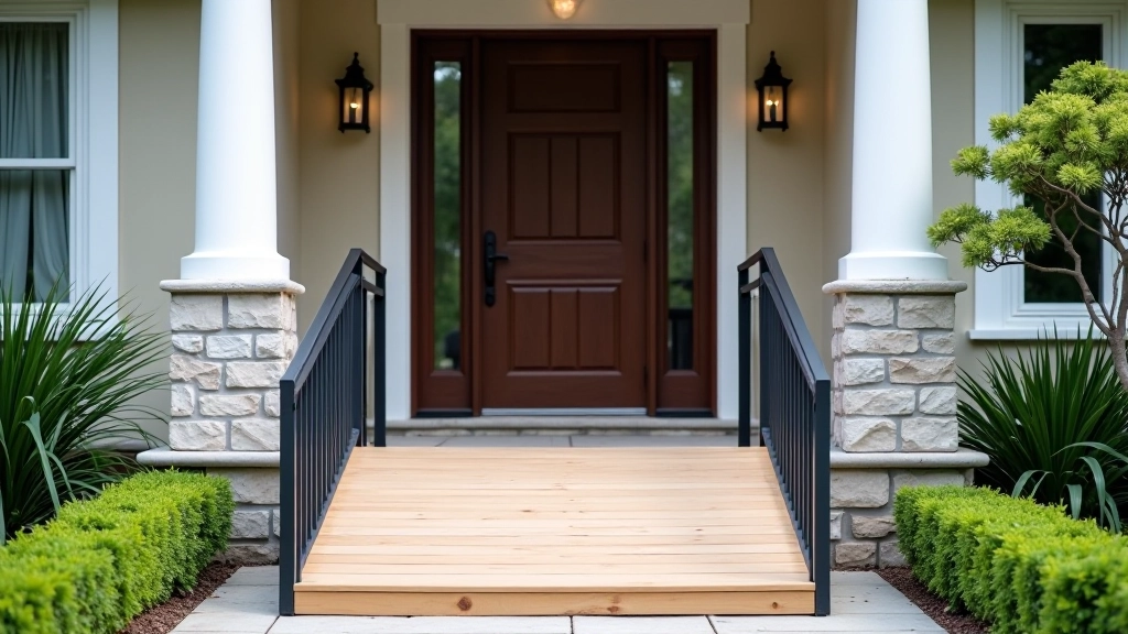 Front entryway with gentle ramp, handrails on both sides, clear landing area, and motion-sensor lighting above door