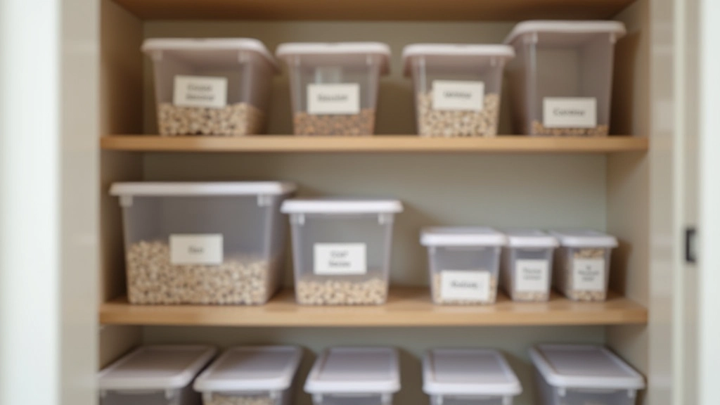 Various labeled storage containers and boxes neatly organized on shelves in a home storage area