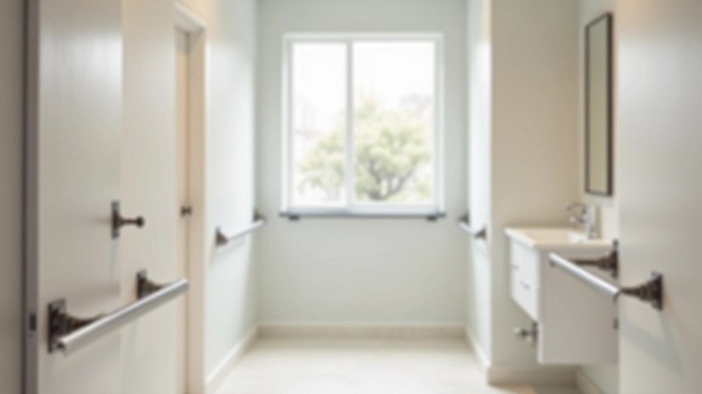 Accessible bathroom with grab bars, walk-in shower, and lowered vanity sink in modern home