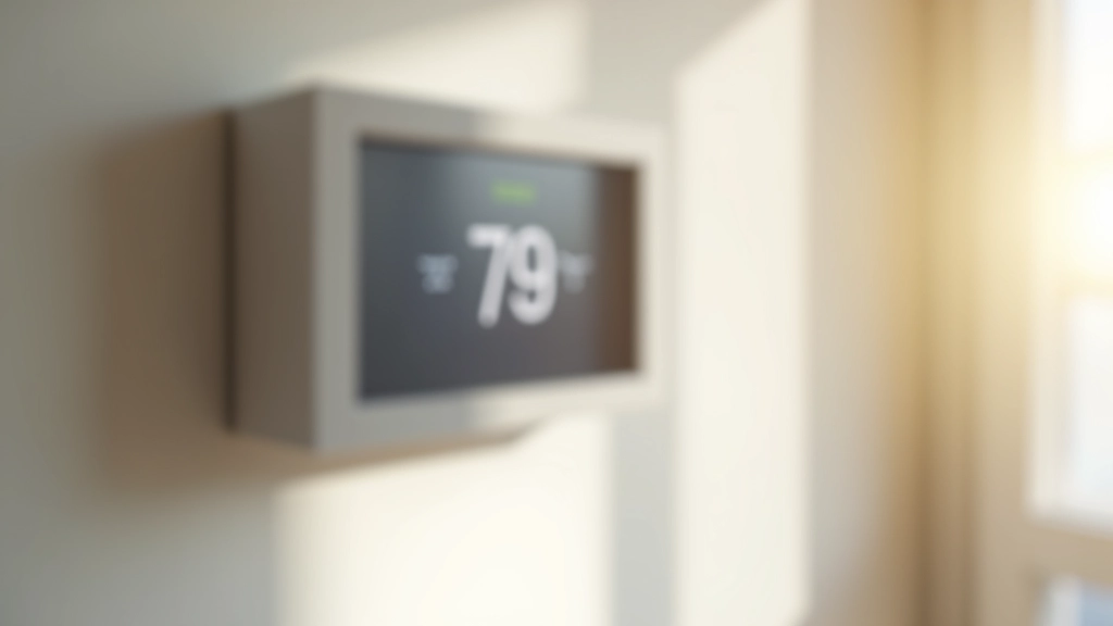 Smart thermostat display mounted on beige wall with temperature settings visible
