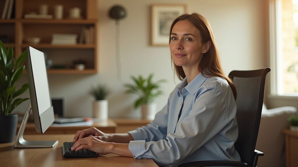 Person comfortably sitting in ergonomic chair at organized home office desk with proper lighting