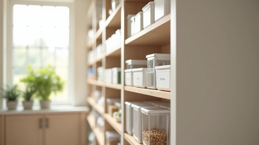 Organized kitchen pantry with labeled storage containers and clearly visible items on shelves