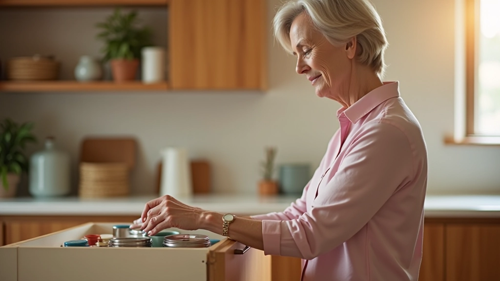 Person sorting through kitchen drawers and organizing items into different categories on a wooden table