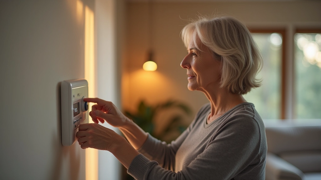Person checking home thermostat temperature on modern wall-mounted display in comfortable living room